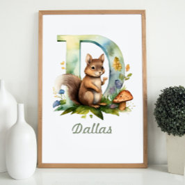 Monogrammed Namn Nursery Poster Woodland Brev D