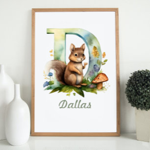 Monogrammed Namn Nursery Poster Woodland Brev D