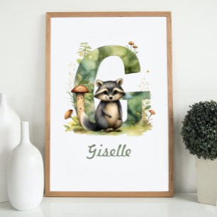 Monogrammed Namn Nursery Poster Woodland Brev G