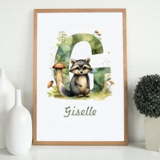 Monogrammed Namn Nursery Poster Woodland Brev G