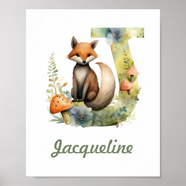 Monogrammed Namn Nursery Poster Woodland Brev J (Framsidan)