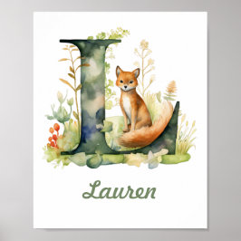 Monogrammed Namn Nursery Poster Woodland Brev L