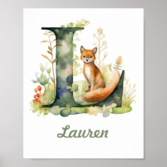 Monogrammed Namn Nursery Poster Woodland Brev L (Framsidan)