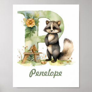 Monogrammed Namn Nursery Poster Woodland Brev P