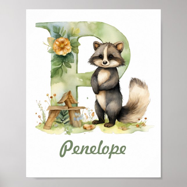 Monogrammed Namn Nursery Poster Woodland Brev P (Framsidan)