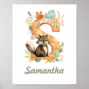Monogrammed Namn Nursery Poster Woodland Brev S