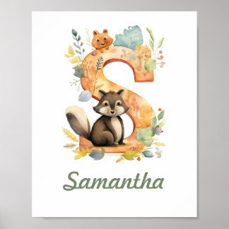 Monogrammed Namn Nursery Poster Woodland Brev S