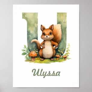 Monogrammed Namn Nursery Poster Woodland Brev U