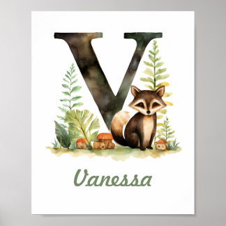 Monogrammed Namn Nursery Poster Woodland Brev V