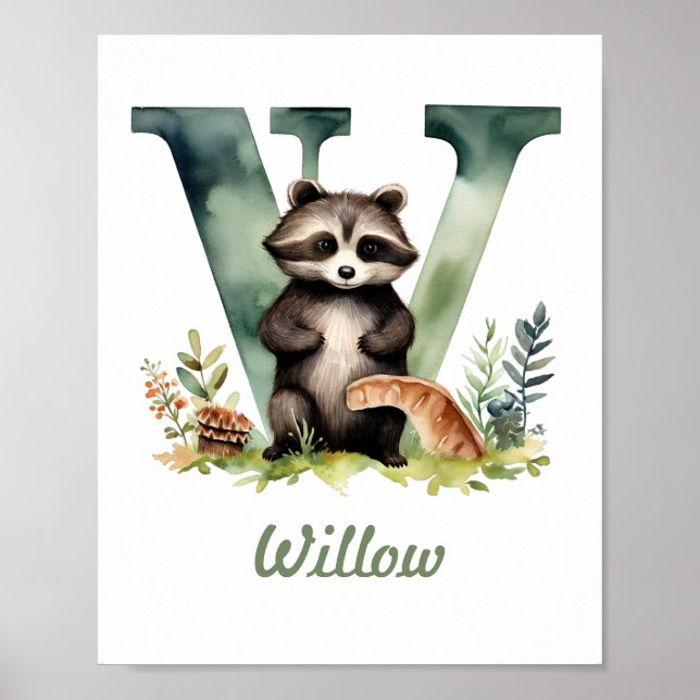 Monogrammed Namn Nursery Poster Woodland Brev W (Framsidan)