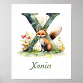 Monogrammed Namn Nursery Poster Woodland Brev X