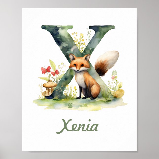 Monogrammed Namn Nursery Poster Woodland Brev X (Framsidan)