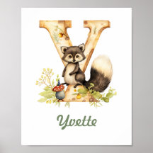 Monogrammed Namn Nursery Poster Woodland Brev Y