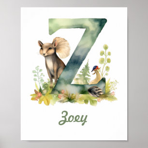 Monogrammed Namn Nursery Poster Woodland Brev Z