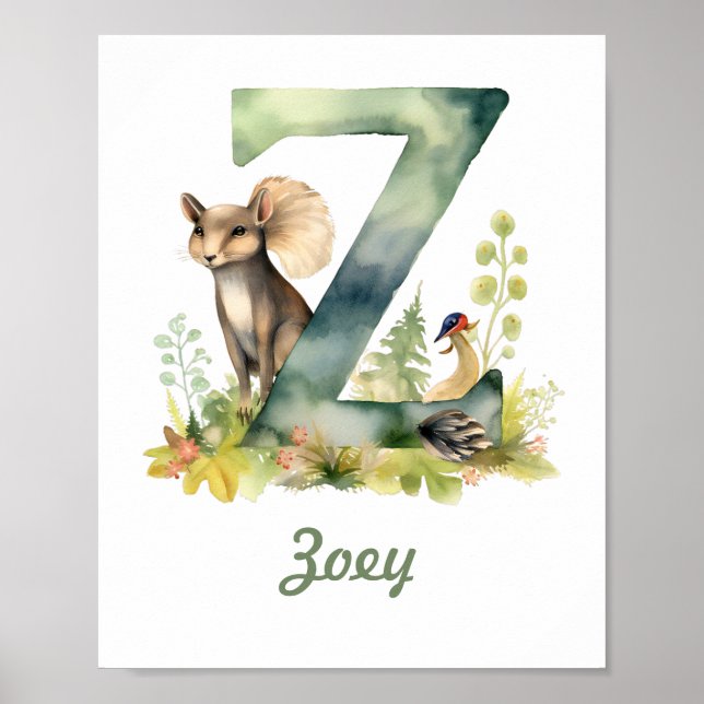 Monogrammed Namn Nursery Poster Woodland Brev Z (Framsidan)