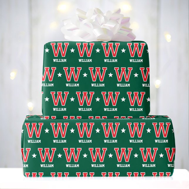 Monogrammed Namn Star Red Grönt Anpassningsbar Presentpapper (Skapare uppladdad)