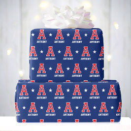 Monogrammed Namn Star Red Navy Anpassningsbar Presentpapper