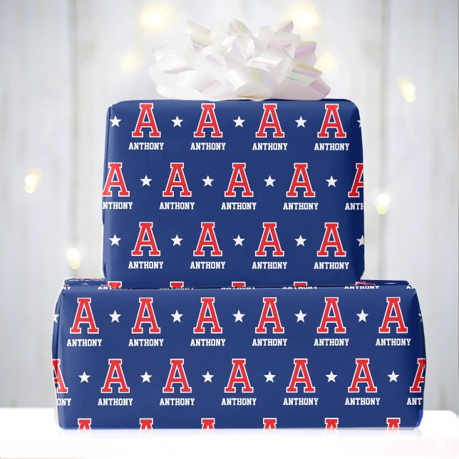 Monogrammed Namn Star Red Navy Anpassningsbar Presentpapper (Skapare uppladdad)
