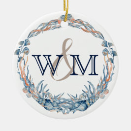 Monogrammed Nautical Blue Mauve Sea Snäcka Ornamen Julgransprydnad Keramik