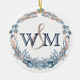 Monogrammed Nautical Blue Mauve Sea Snäcka Ornamen Julgransprydnad Keramik