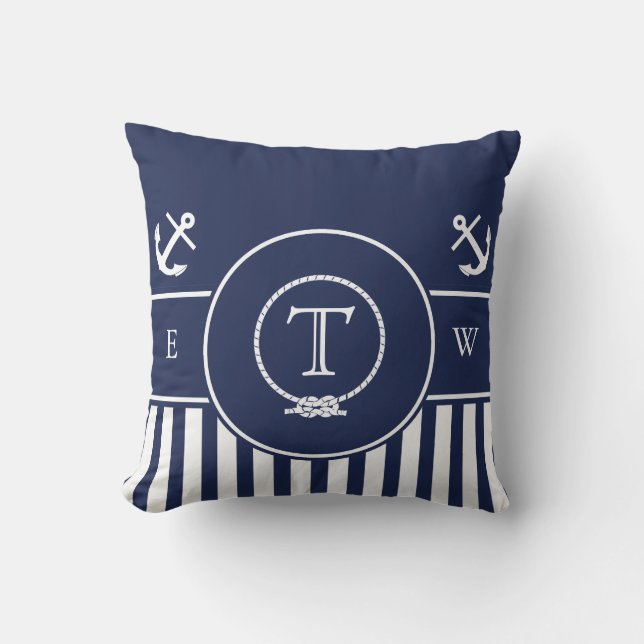 Monogrammed nautiskt marinblått ankrar och fodrar kudde (Framsida)
