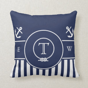 Monogrammed nautiskt marinblått ankrar och fodrar kudde