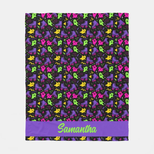 Monogrammed Neon Spöken och Skates Halloween Fleecefilt (Framsidan)