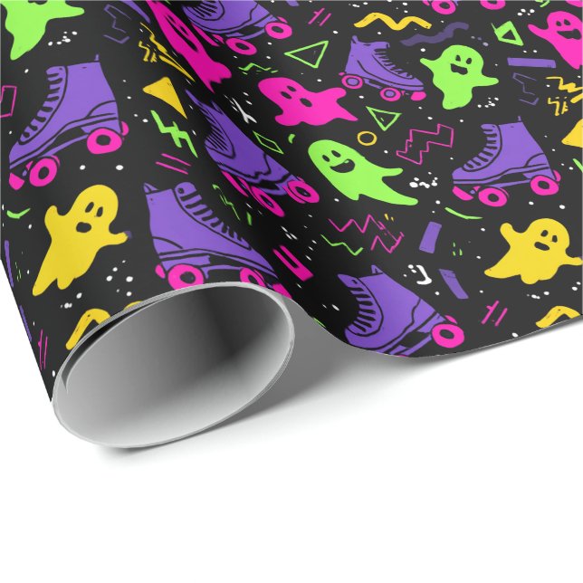 Monogrammed Neon Spöken och Skates Halloween Presentpapper (Rullad Hörn)