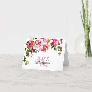 Monogrammed Note Card för Blommigt för Rosa Shock Tack Kort