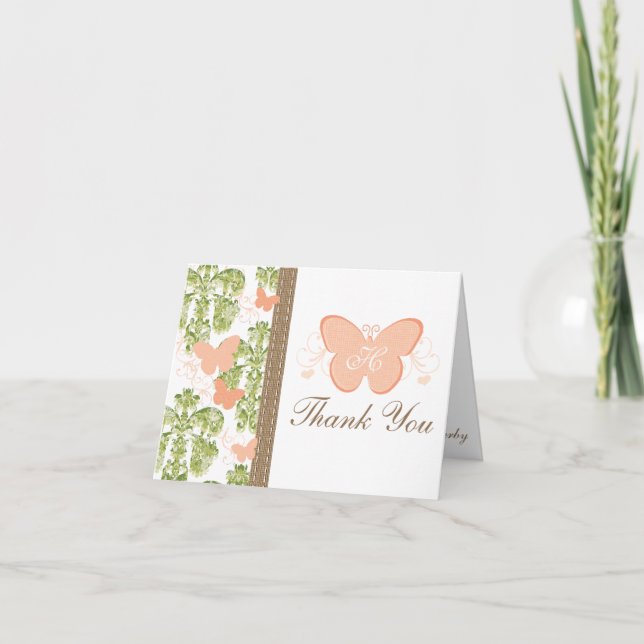 MONOGRAMMED PEACH BUTTERFLY BRÖLLOP TACK DIG CARD KORT (Framsida)