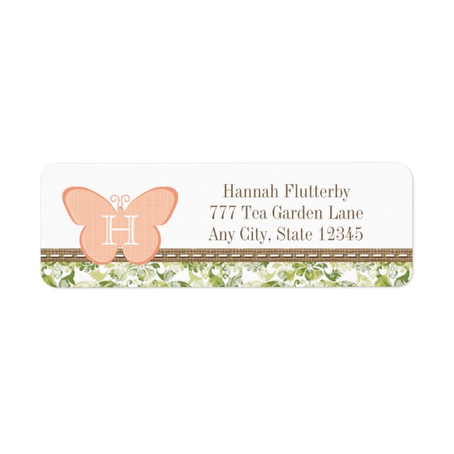 MONOGRAMMED PEACH BUTTERFLY-RETURETIKETTER RETURADRESS ETIKETT (Framsidan)