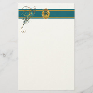Monogrammed Peacock Bröllop i Teal och Guld Brevpapper