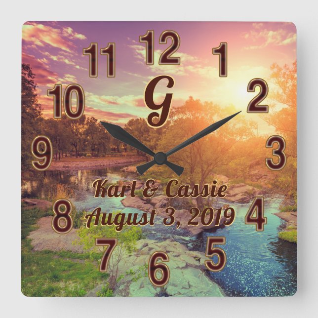 Monogrammed Personlig Clock, Rustic Bröllop Fyrkantig Klocka (Framsida)