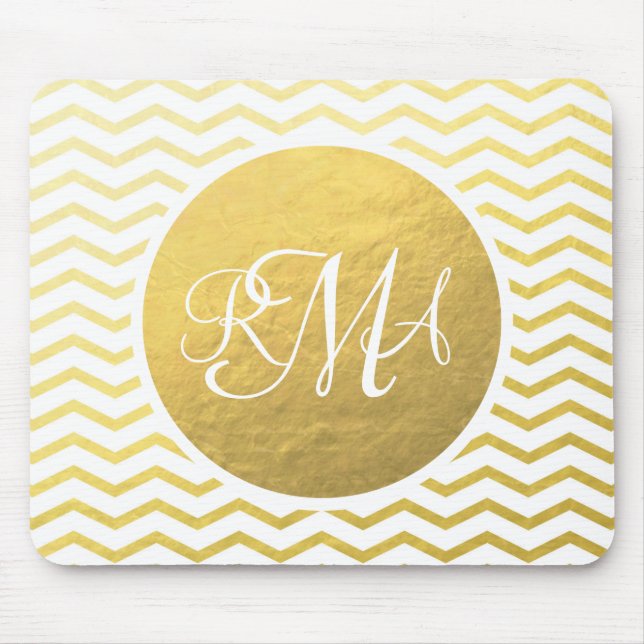 Monogrammed Personligen guld och White Chevron Musmatta (Framsidan)