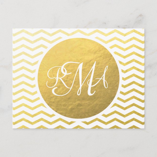 Monogrammed Personligen guld och White Chevron Vykort (Framsida)