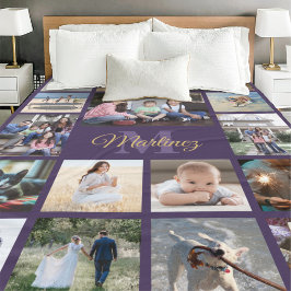 Monogrammed Photo Collage Lila och Guld Script Fleecefilt