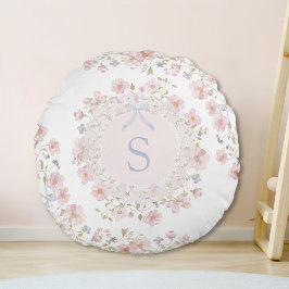 Monogrammed Pink Flowers and Lace Floral Rund Kudde
