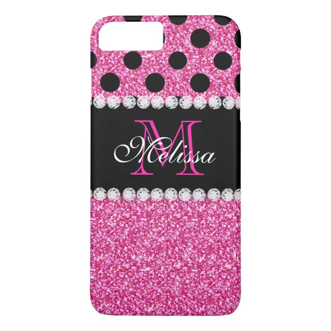Monogrammed polka dots för rosaglittersvart Case-Mate iPhone skal (Baksida)