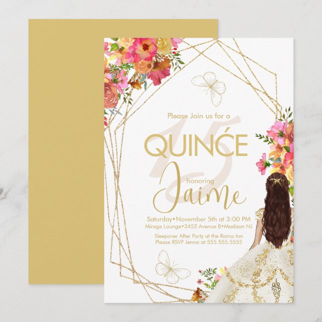 Monogrammed Quince Blommigts Garden spanska Inbjudningar (Fram/baksida)