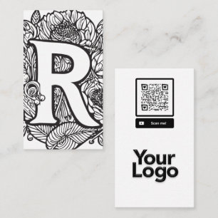 Monogrammed R Black and White Blommigt QR Code Log Visitkort