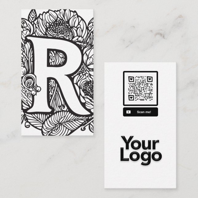 Monogrammed R Black and White Blommigt QR Code Log Visitkort (Fram/baksida)
