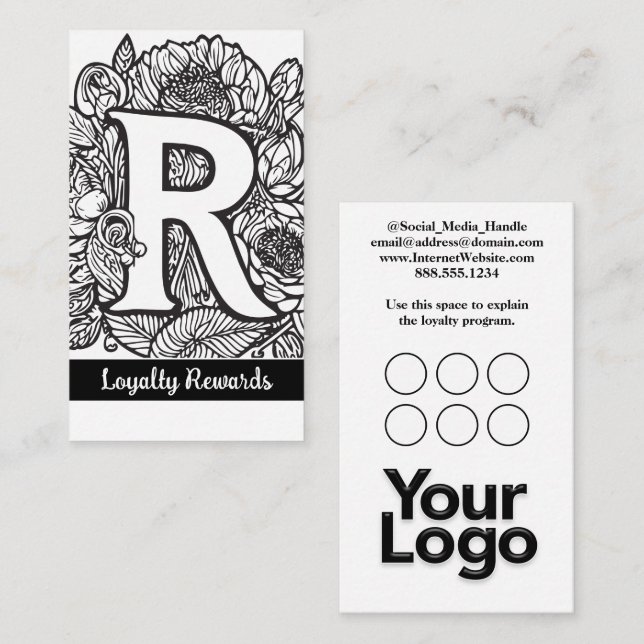 Monogrammed R Blommigt Black and White Company Log Visitkort (Fram/baksida)