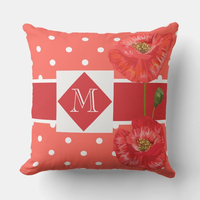 Monogrammed Red and Peach Poppy Garden Kudde (Framsida)