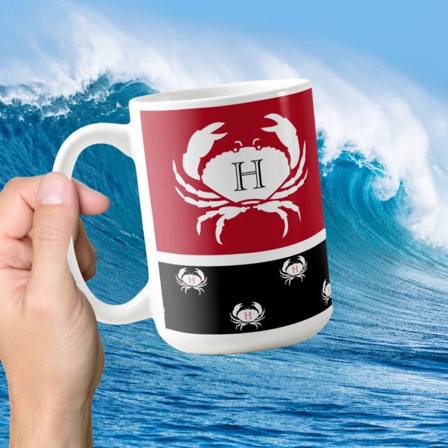 Monogrammed Red Black White Crab Nautical Coffee M Kaffemugg (Skapare uppladdad)