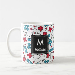 Monogrammed Red Blue Nurse Mönster Kaffemugg