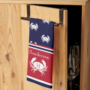 Monogrammed Red Navy Blue White Crab Nautical Ki Kökshandduk