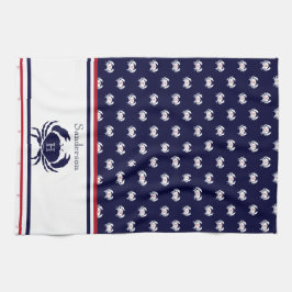 Monogrammed Red Navy Blue White Crab Nautical Kökshandduk
