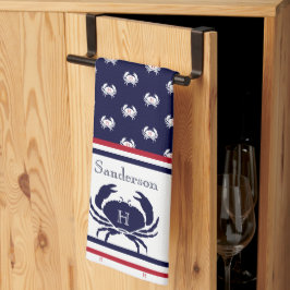Monogrammed Red Navy Blue White Crab Nautical Kökshandduk