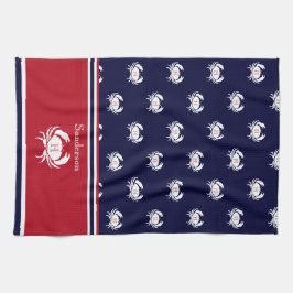 Monogrammed Red Navy Blue White Crab Nautical Kökshandduk