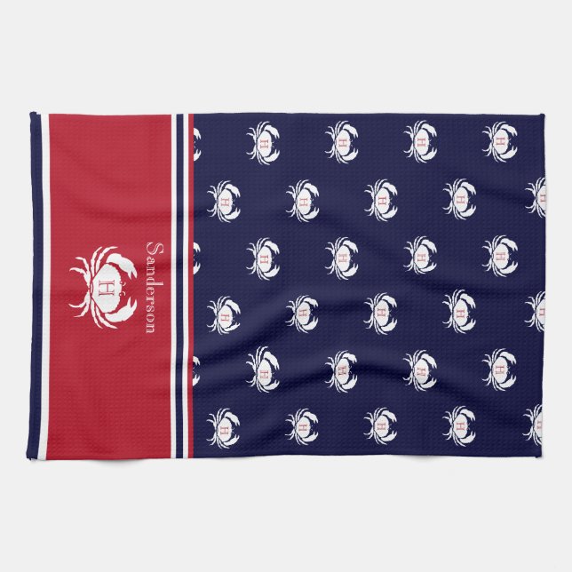 Monogrammed Red Navy Blue White Crab Nautical Kökshandduk (Horisontell)